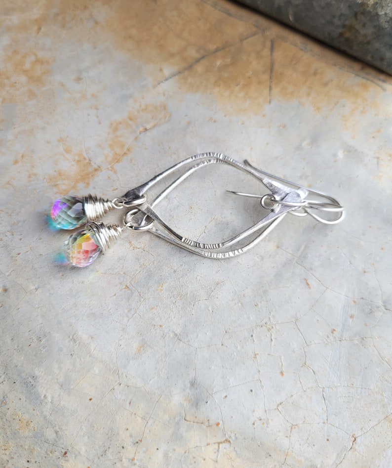Artisan Sterling Arc Earrings with Sterling Wrapped Fire Rainbow Moonstone Quartz Drops, New Year's Eve Earrings, Flashy Sparklers image 7