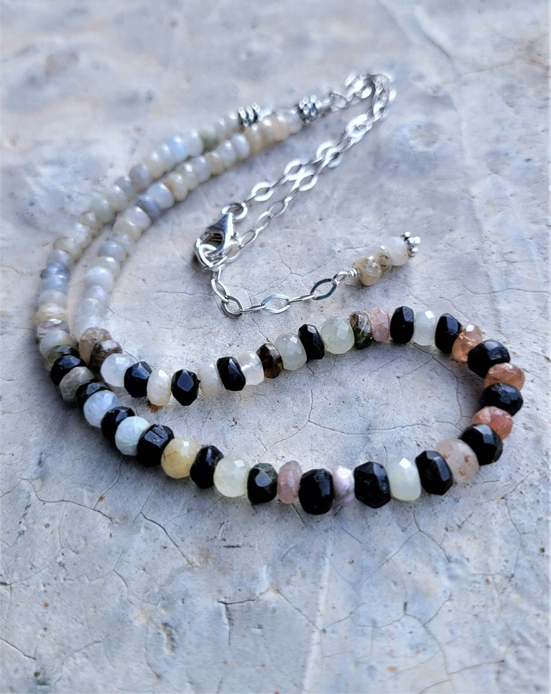 White Burmese Sapphires, Black Tourmalines & Sterling Necklace Refined Style Sapphires and Tourmalines Arty Earthy Neutral Necklace image 5