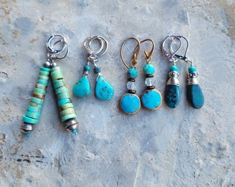 Blue Earrings, 4 Versions: Turquoise, Chrysocolla, Sea Sediment Jasper, Easy Day Styles, Sterling or Brass, Beautiful Blues, Great Gifts