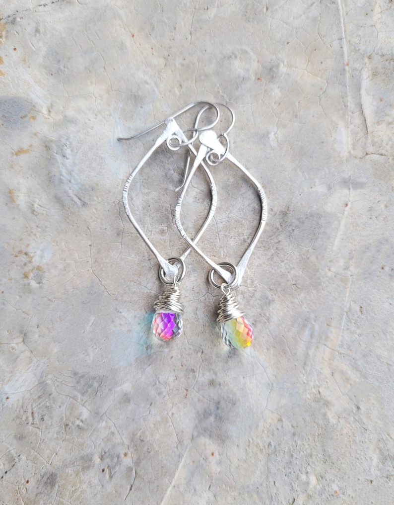 Artisan Sterling Arc Earrings with Sterling Wrapped Fire Rainbow Moonstone Quartz Drops, New Year's Eve Earrings, Flashy Sparklers image 1