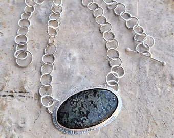Artisan Sterling Chain Necklace with a Marcasite Agate Oval Cabochon Pendant, Earthy Beauty Bomb Necklace