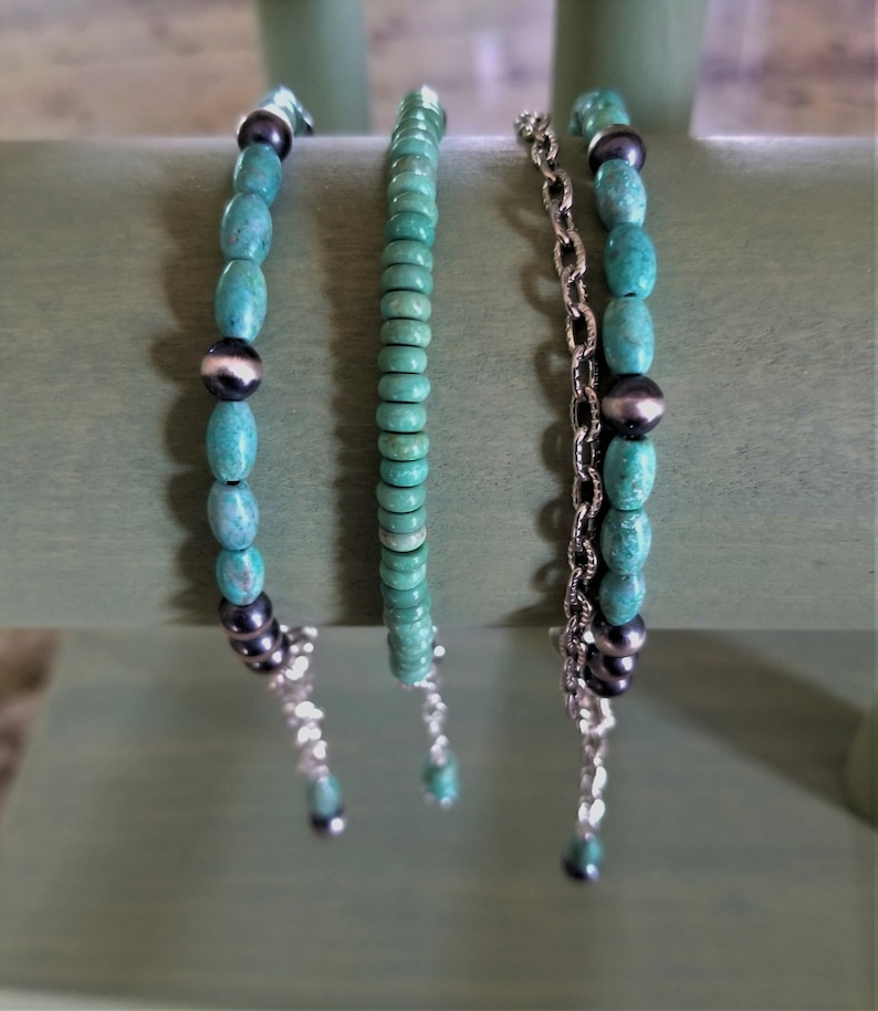 Genuine American Turquoise Bracelets Navajo Sterling Pearls 3 Versions: Turquoise Barrels Sterling Clasps Turquoise Rondelles Gorgeous