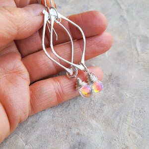 Artisan Sterling Arc Earrings with Sterling Wrapped Fire Rainbow Moonstone Quartz Drops, New Year's Eve Earrings, Flashy Sparklers image 8