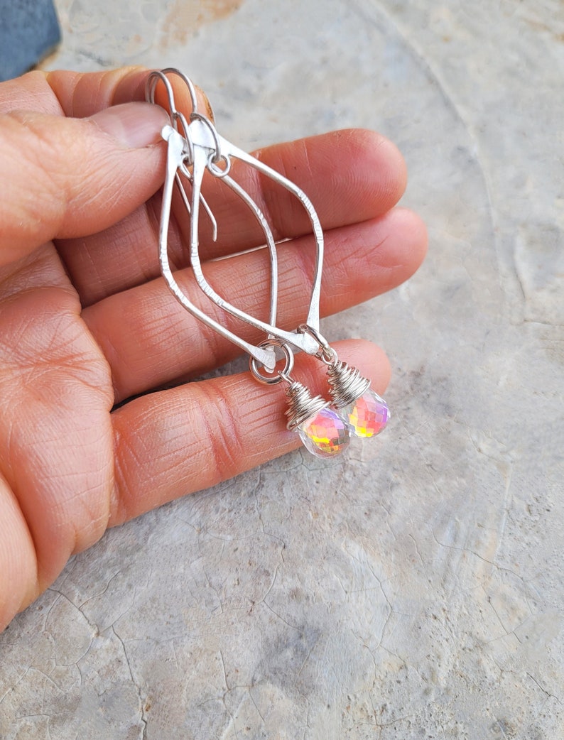 Artisan Sterling Arc Earrings with Sterling Wrapped Fire Rainbow Moonstone Quartz Drops, New Year's Eve Earrings, Flashy Sparklers image 8