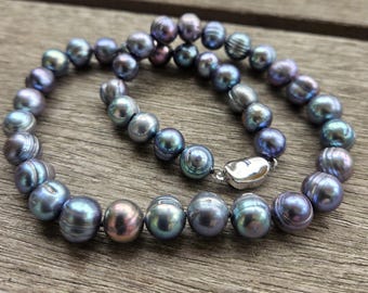 Green Black Pearl Necklace: Hand-Knotted Sterling Clasp, 18&quot; Potato Pearls