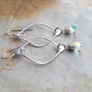 Artisan Sterling Arc Earrings with Sterling Wrapped Fire Rainbow Moonstone Quartz Drops, New Year's Eve Earrings, Flashy Sparklers image 2