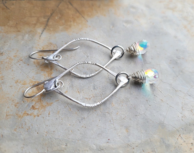 Artisan Sterling Arc Earrings with Sterling Wrapped Fire Rainbow Moonstone Quartz Drops, New Year's Eve Earrings, Flashy Sparklers image 2