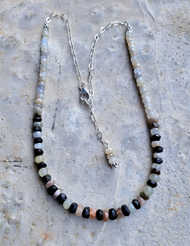 White Burmese Sapphires, Black Tourmalines & Sterling Necklace Refined Style Sapphires and Tourmalines Arty Earthy Neutral Necklace image 2