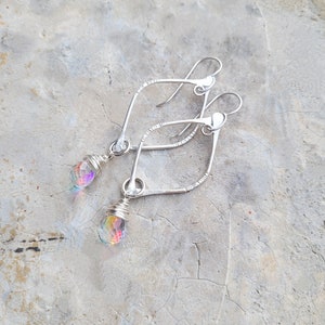 Artisan Sterling Arc Earrings with Sterling Wrapped Fire Rainbow Moonstone Quartz Drops, New Year's Eve Earrings, Flashy Sparklers image 4
