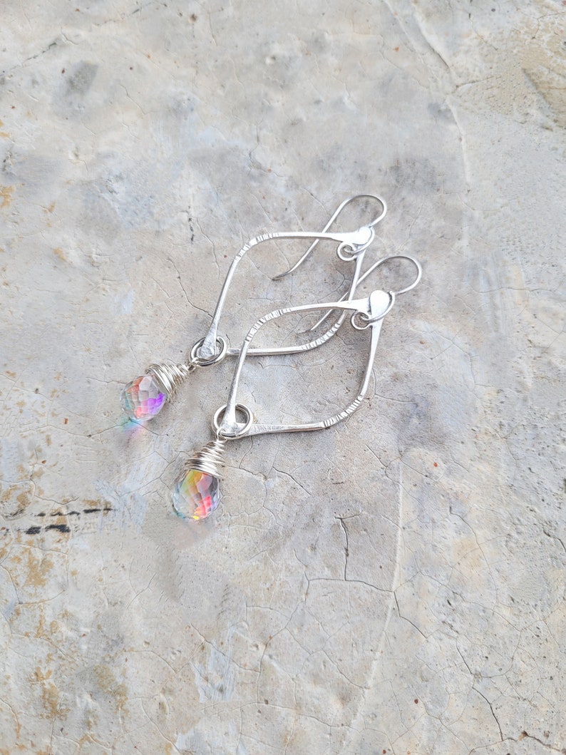 Artisan Sterling Arc Earrings with Sterling Wrapped Fire Rainbow Moonstone Quartz Drops, New Year's Eve Earrings, Flashy Sparklers image 4