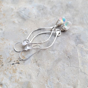 Artisan Sterling Arc Earrings with Sterling Wrapped Fire Rainbow Moonstone Quartz Drops, New Year's Eve Earrings, Flashy Sparklers image 9