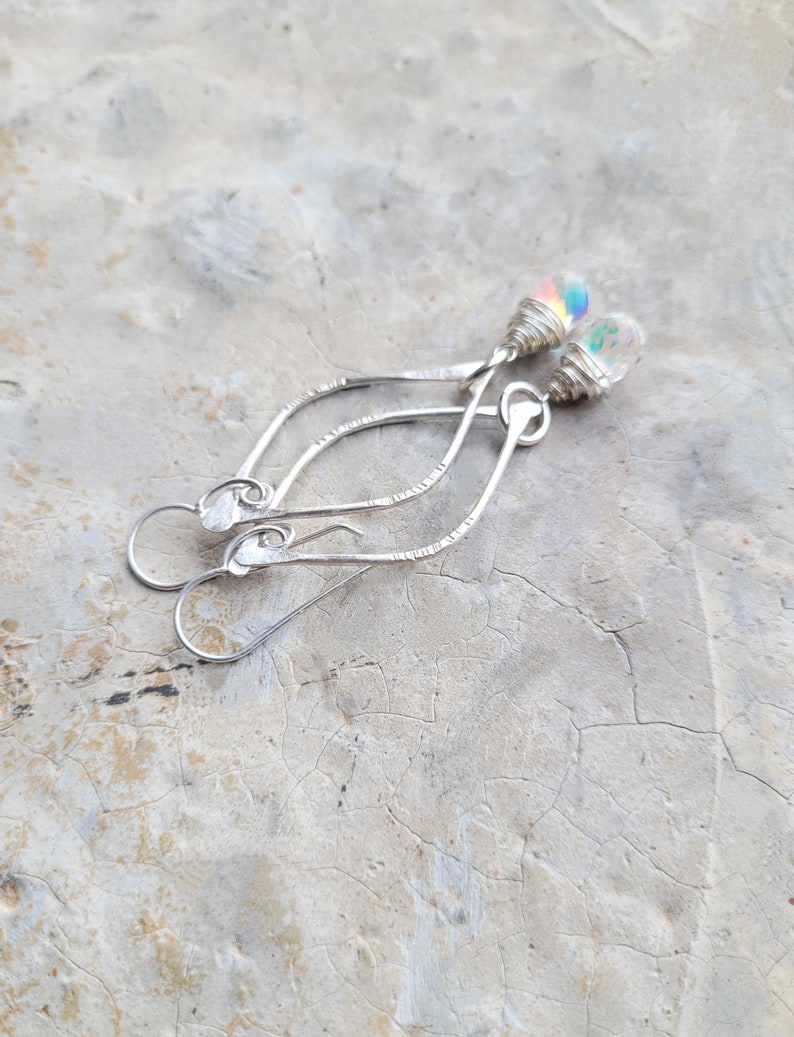 Artisan Sterling Arc Earrings with Sterling Wrapped Fire Rainbow Moonstone Quartz Drops, New Year's Eve Earrings, Flashy Sparklers image 9