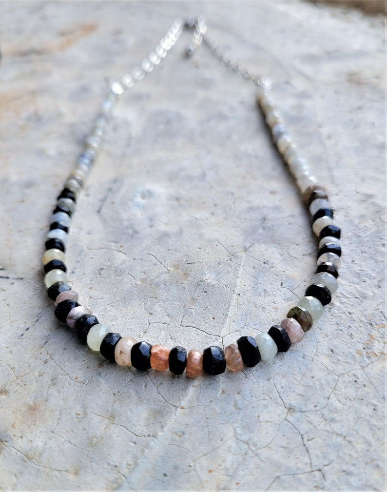 White Burmese Sapphires, Black Tourmalines & Sterling Necklace Refined Style Sapphires and Tourmalines Arty Earthy Neutral Necklace image 1