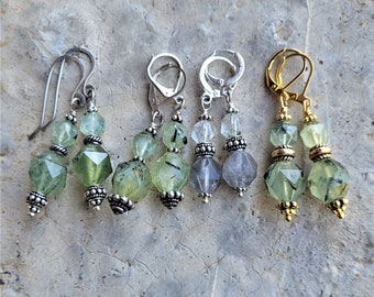 Star Cut Prehnite Or Gray Quartz Earrings with Balinese Bead Accents & Three Different Ear Wire Finishes