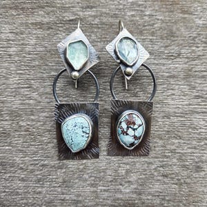 Oxidized Sterling Silver Turquoise & Fluorite Earrings: Rustic Dangle Gemstone
