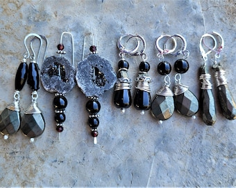 Gorgeous Dark Earrings: Pyrite, Black Onyx, Garnets, Agate Druzy slices, Sterling, 5 versions