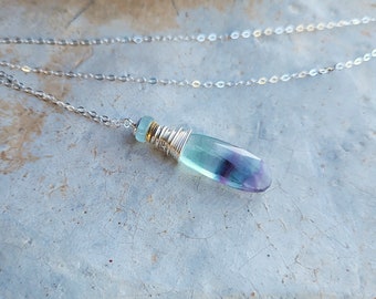 Rainbow Fluorite Silver and Gold Necklace, Sterling Wrapped Rainbow Fluorite Drop Necklace, Sterling Chain, Purple & Blue Gemstone Pendant