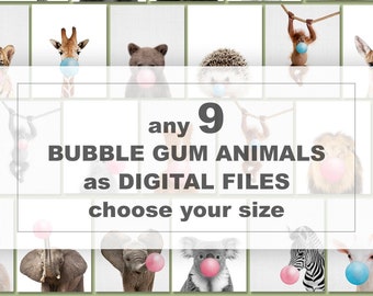 Pick any 9 BUBBLE GUM ANIMALS from shop PinkeeArt & turn into Digital Download File, Printable Bubblegum Animals, Baby Animals Blowing Gum