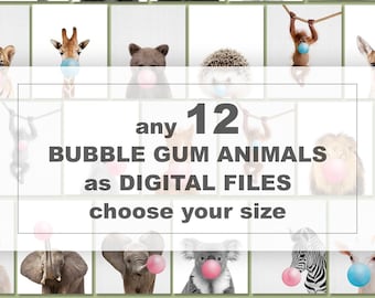 Kauwgomdierenprint, kies er 12, decoratie kinderkamer (digitale download)
