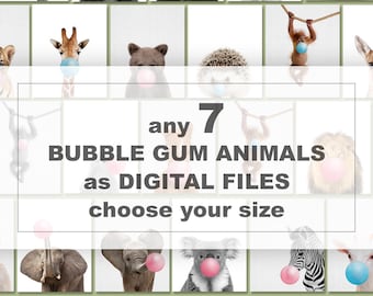 Pick any 7 BUBBLE GUM ANIMALS from shop PinkeeArt & turn into Digital Download File, Printable Bubblegum Animals, Baby Animals Blowing Gum