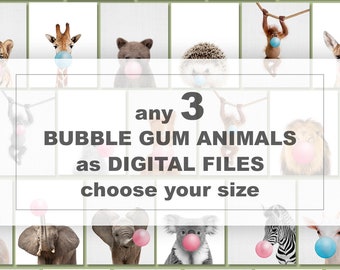 Print met kauwgomdieren, kies een willekeurige 3, decoratie babykamer (digitale download)