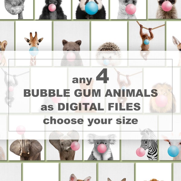 Any 4 Animals Blowing Bubble Gum Digital Download, Druckbares Kinderzimmer Dekor, Bubblegum Tiere, herunterladbares Wandkunst Set für Kinderzimmer