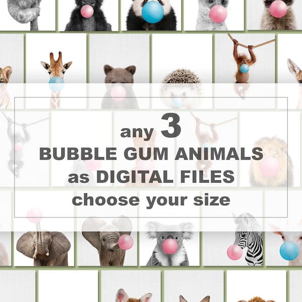 Pick any 3 BUBBLE GUM ANIMALS from shop PinkeeArt & turn into Digital Download File, Printable Bubblegum Animals, Baby Animals Blowing Gum