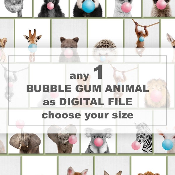 Pick any 1 BUBBLE GUM ANIMAL from shop PinkeeArt & turn into Digital Download File, Bubblegum Animals Printable, Baby Animals Blowing Bubble