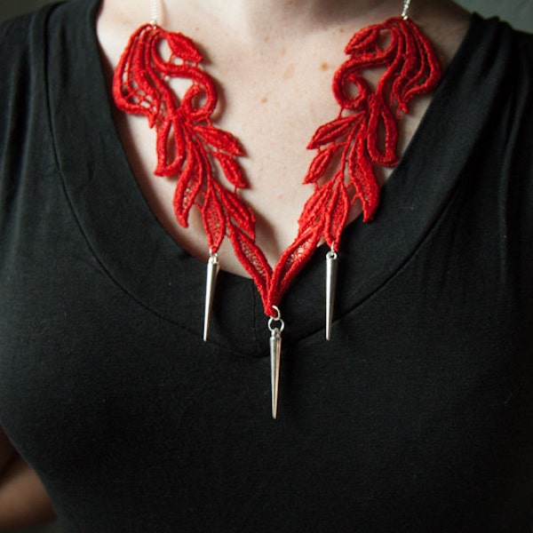 Venice Lace Statement Necklace - "He Had It Coming" in Red