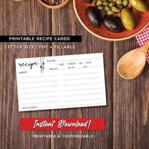 Afdrukbare receptkaarten | Volledig bewerkbare pdf | 3 x 5 inch Receptkaartsjabloon | Perfect voor zelfgemaakte koks | 3 kaarten per pagina