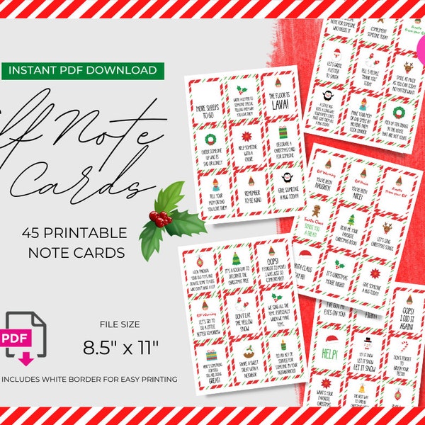 Printable 45 Christmas Elf Note Cards | Instant Digital Download | Holiday Elf Antics, Cheeky Elf, Xmas Elf Bundle