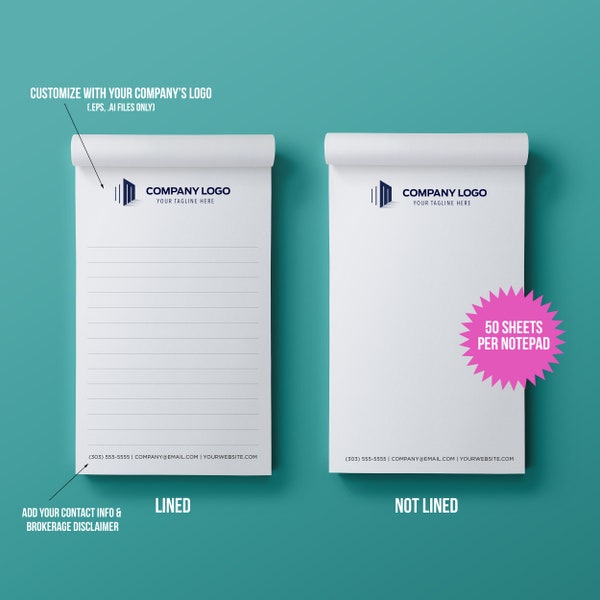 30, 50, or 100 8.5"x5.5" (50 sheets) Personalized Corporate Company Notepads | Low Minimum | Bulk Quantities | Perfect for Giveaways