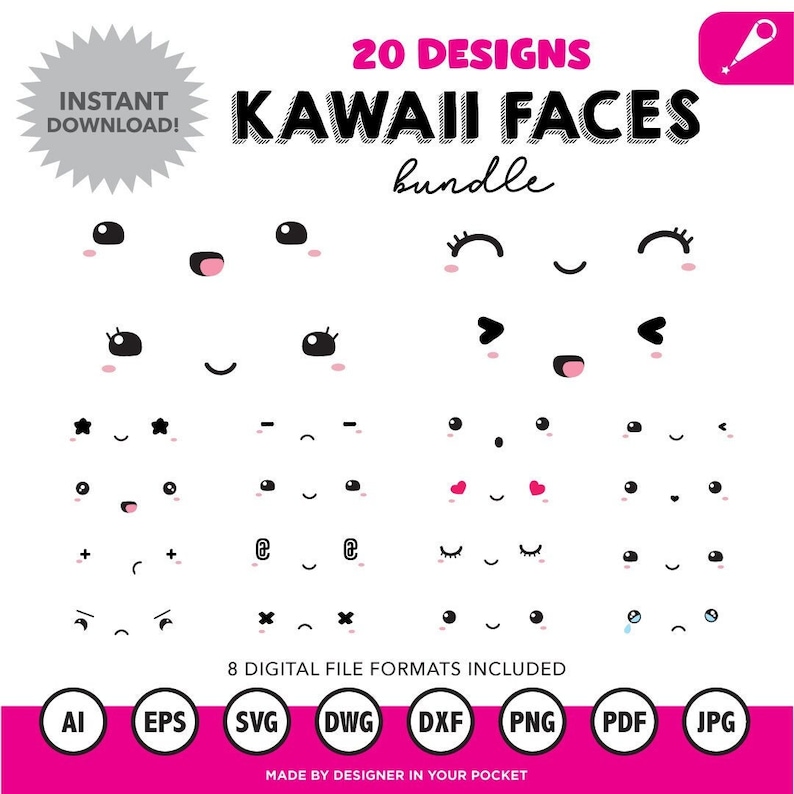 K&ouml;nnte beinhalten: Ein Set mit 20 Kawaii-Gesichtsdesigns in Schwarzwei&szlig; mit rosa Akzenten. Die Gesichter sind in Reihen angeordnet und umfassen eine Vielzahl von Ausdr&uuml;cken, wie gl&uuml;cklich, traurig, &uuml;berrascht und w&uuml;tend. Der Text "20 DESIGNS KAWAII FACES bundle" befindet sich oben im Bild. Der Text "8 DIGITAL FILE FORMATS INCLUDED" befindet sich unten im Bild. Der Text "AI EPS SVG DWG DXF PNG PDF JPG" befindet sich unter dem Text "8 DIGITAL FILE FORMATS INCLUDED". Der Text "MADE BY DESIGNER IN YOUR POCKET" befindet sich unten im Bild.