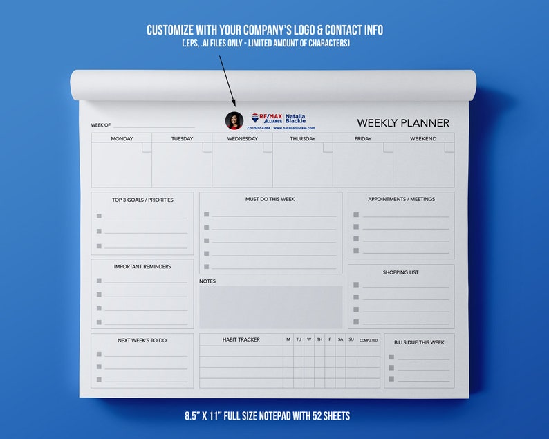 Weekly Planner Notepad Packs - 52 Sheets | Personalized Real Estate ...