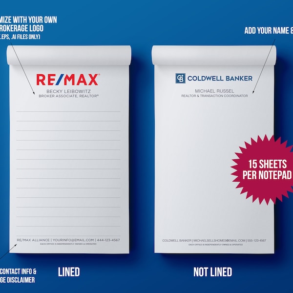 30, 50 or 100 Notepad Packs - 15 sheets | Personalized Real Estate Agent Pads | Giveaways for your SOI | Custom Writing Pads for Realtors
