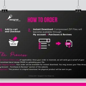 K&ouml;nnte beinhalten: Eine schwarze und rosafarbene Grafik mit Anweisungen zum Bestellen eines digitalen Downloads. Die Grafik enth&auml;lt einen Einkaufswagen, einen Computerbildschirm und eine Zip-Datei. Der Text lautet "In den Warenkorb legen und zur Kasse gehen", "Sofortiger Download: Komprimierte ZIP-Dateien werden &uuml;ber Mein Konto > K&auml;ufe und Bewertungen verf&uuml;gbar", und "Der Prozess".