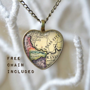 Kansas City heart shape vintage map necklace. Location gift pendant. Free matching chain is included.
