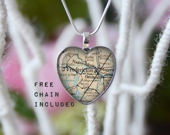 Fredericton Canada heart shape vintage map necklace. Location gift pendant. Free matching chain is included.