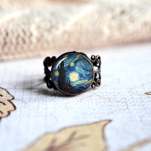 Van Gogh The Starry night adjustable ring, antique silver or antique bronze. Choose your finish image 1