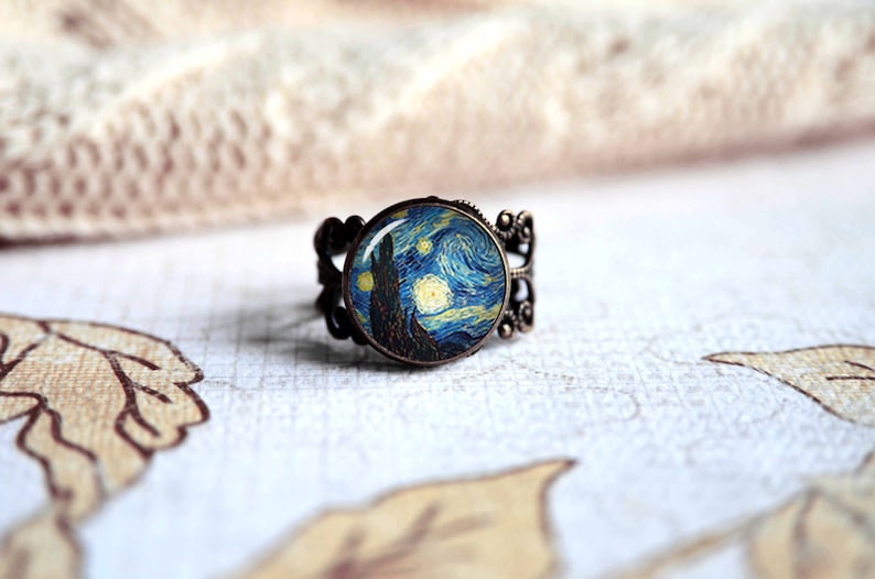 Van Gogh The Starry night adjustable ring, antique silver or antique bronze. Choose your finish image 1