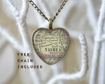 Nashua New Hampshiere heart shape vintage map necklace. Location gift pendant. Free matching chain is included.