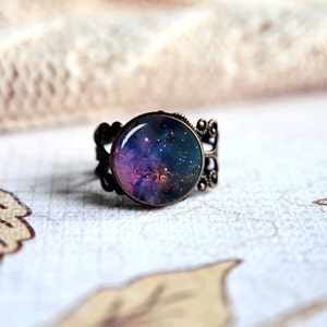 Purple Orion nebula, space nebula galaxy adjustable ring, antique silver or antique bronze. Choose your finish image 1