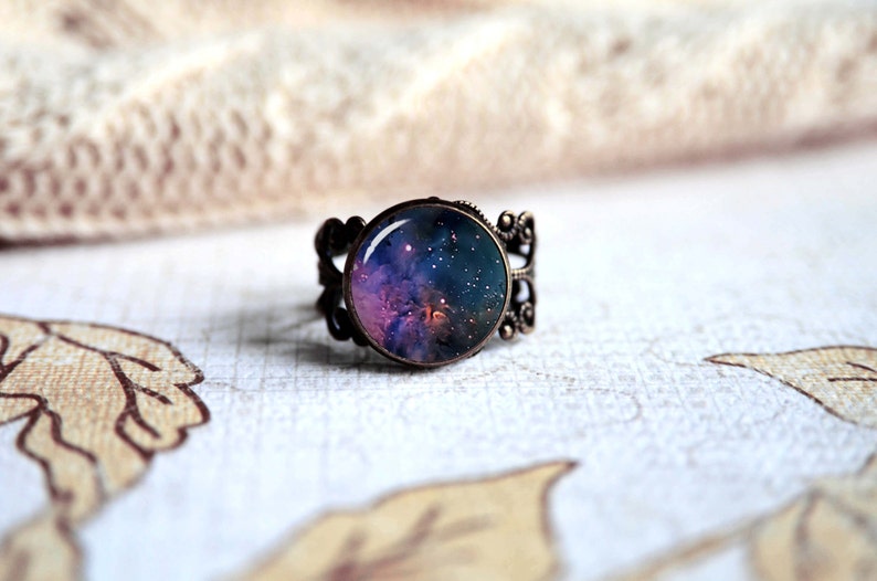 Purple Orion nebula, space nebula galaxy adjustable ring, antique silver or antique bronze. Choose your finish image 1