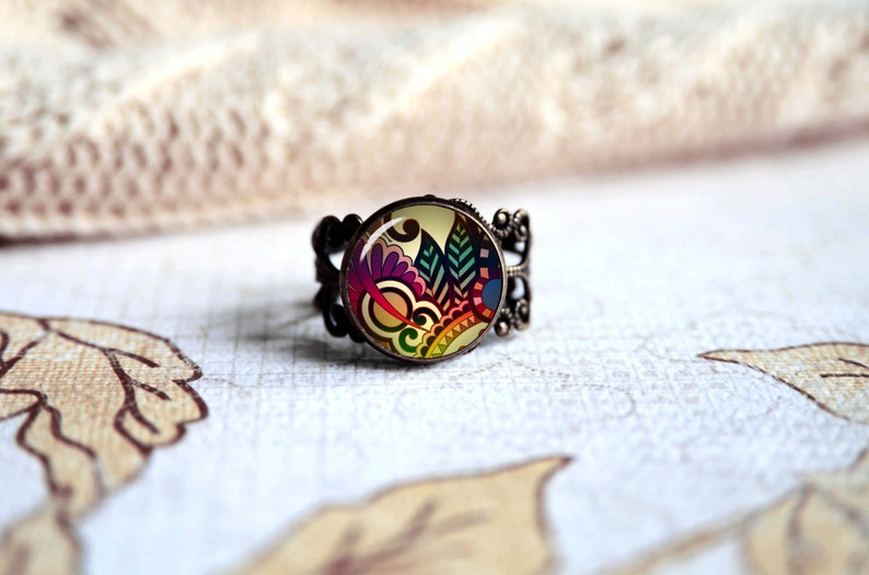 antique silver or antique bronze Colorful floral pattern adjustable ring Choose your finish