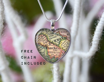 Richmond Virginia heart shape vintage map necklace. Location gift pendant. Free matching chain is included.