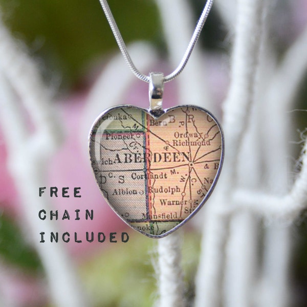 Aberdeen South Dakota heart shape vintage map necklace. Location gift pendant. Free matching chain is included.