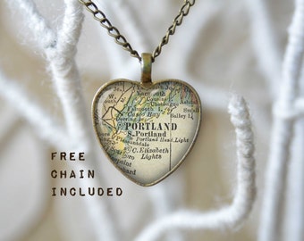 Portland Maine heart shape vintage map necklace. Location gift pendant. Free matching chain is included.