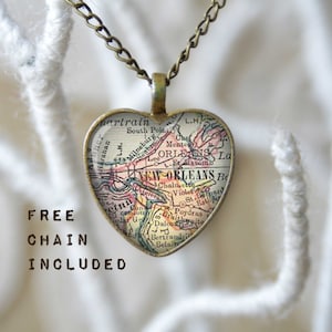 New Orleans Louisiana heart shape vintage map necklace. Location gift pendant. Free matching chain is included.