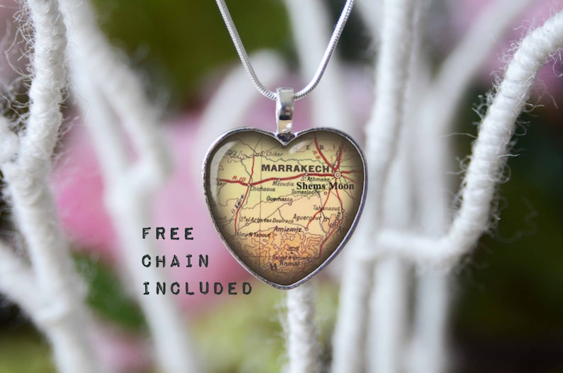Location gift pendant Free matching chain is included. Marrakech heart shape vintage map necklace