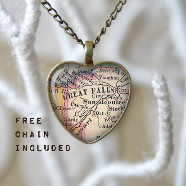 Great Falls Montana heart shape vintage map necklace. Location gift pendant. Free matching chain is included.